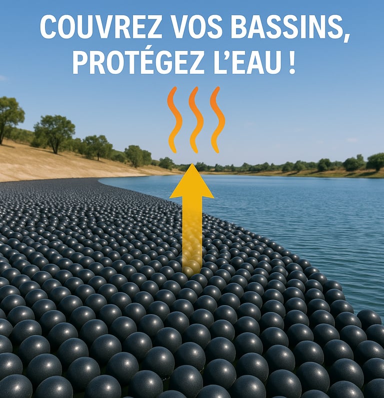 Protection anti-évaporation innovante, une couverture flottante qui protège l'eau sans dégradation 