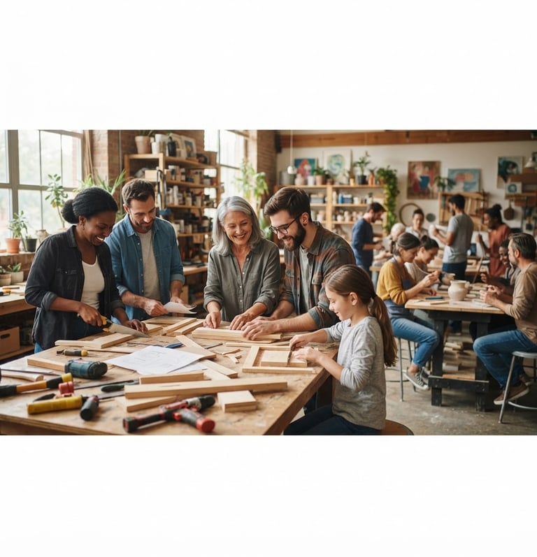 Wide panoramic shot of diverse people collaborating in a vibrant community learning environment, with hands-on activities and engaged faces, soft natural daylight, rich organic tones, medium depth of field, 35mm lens, subject slightly off-center to the left.