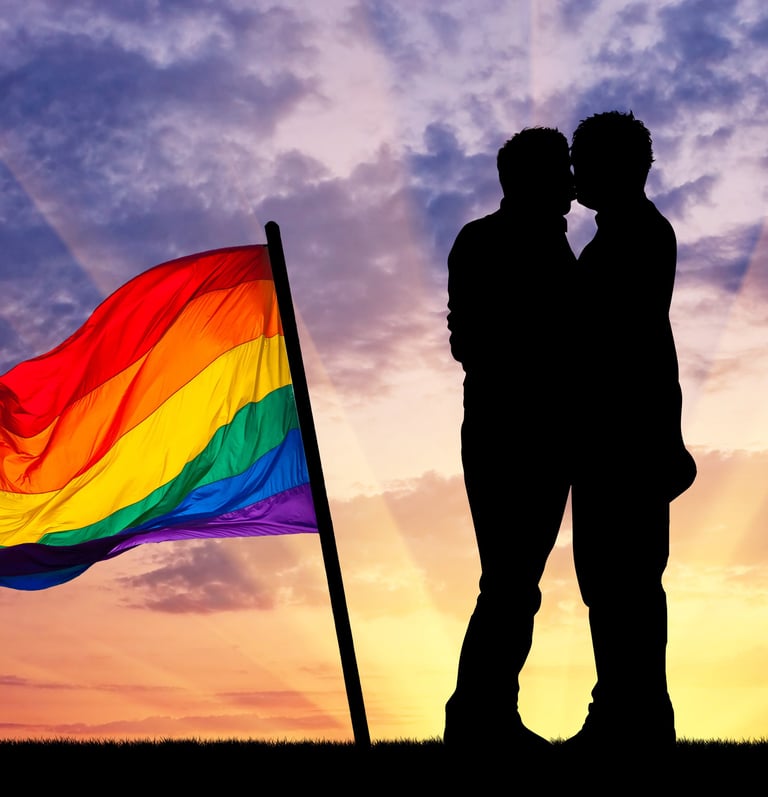 Two men close together in front of a sunset beside a pride flag