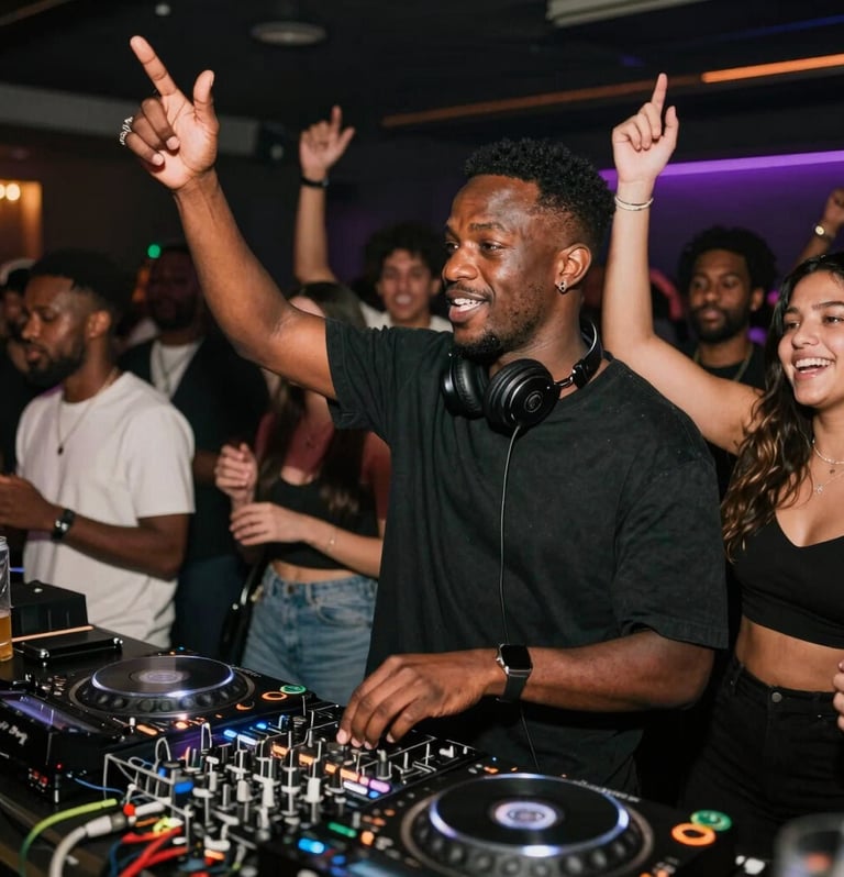 A lively crowd enjoying a live audio stream event with headphones on