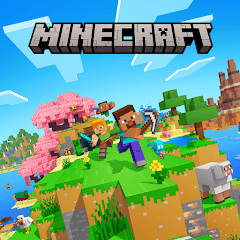 Official Minecraft game artwork featuring Steve and Alex exploring a vibrant 3D block world landscape.