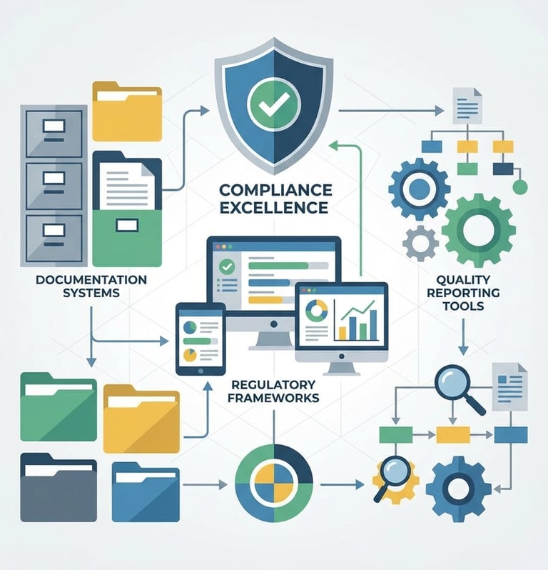 Healthcare compliance audit workspace showing documentation systems and quality reporting tools used