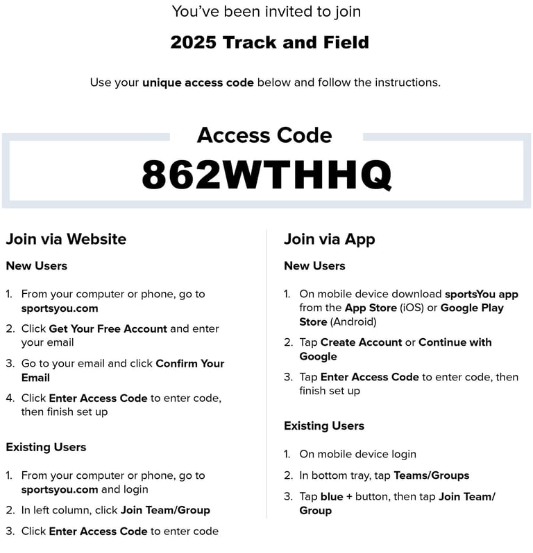 SportsYou access codes for 2026 Track and Field 862WTHHQ