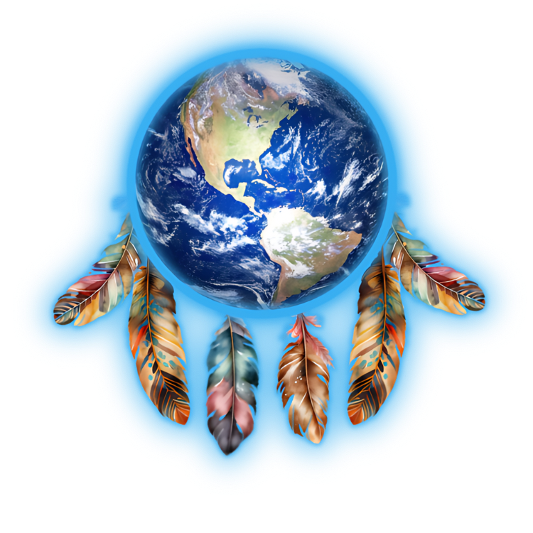 Mother Earth in the sacred hoop with six colorful feathers