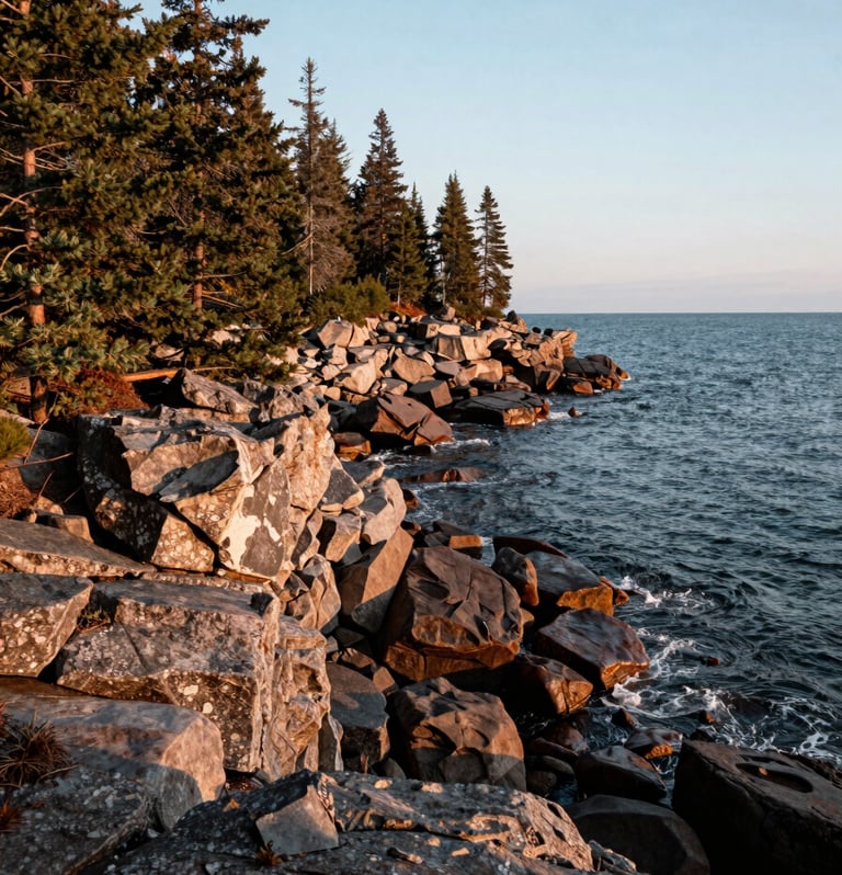 A wide-angle landscape photograph of the rugged Upper Peninsula coastline along Lake Superior. Jagged rocks and evergreen trees under a crisp morning sky, North American Great Lakes region, high-resolution and authentic feel.