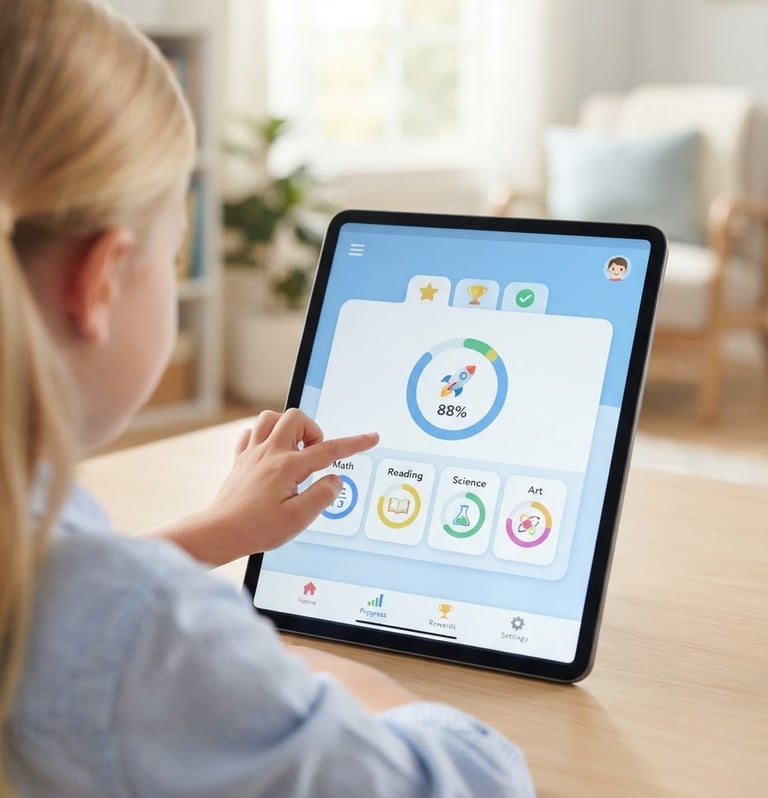 Clean software interface showing child progress tracker on a tablet screen, modern dashboard layout, bright high-key lighting, soft blue tones