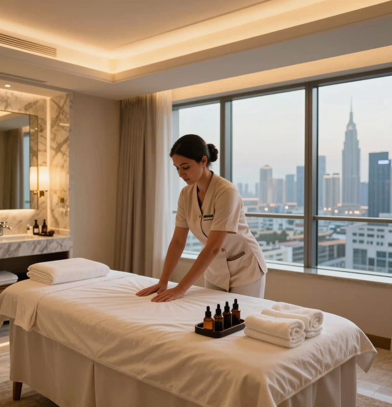 A professional therapist arriving discreetly at a luxury apartment for an outcall session.