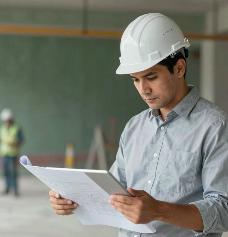 A focused project manager in a hard hat reviewing blueprints on a digital tablet at an active, organized construction site. The mood is professional and efficient. Tones of #212A3E, #5D6D7E, and #EBF1F6 dominate the composition.