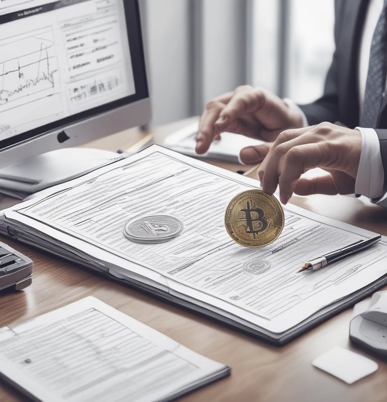 A person with blond hair wearing a white shirt holds a gold coin embossed with a cryptocurrency symbol in front of one eye. The background is plain and gray, focusing attention on the subject.