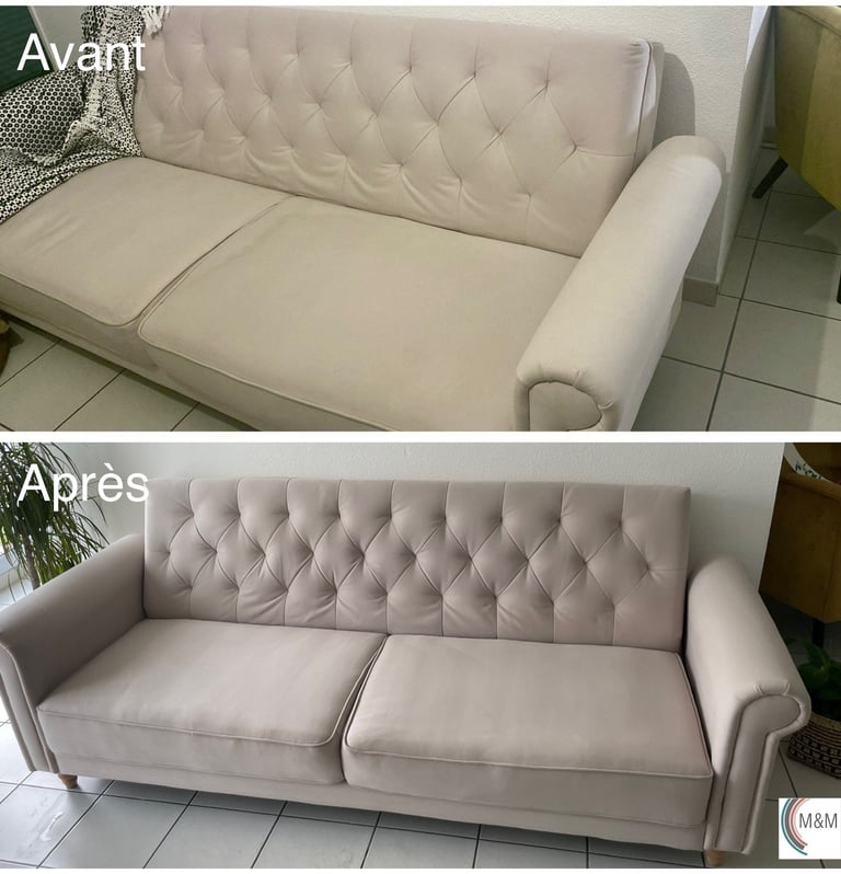 Avant après shampouinge d'une assise de canapé blanche nettoyage en profondeur à Rouen M&M Services 