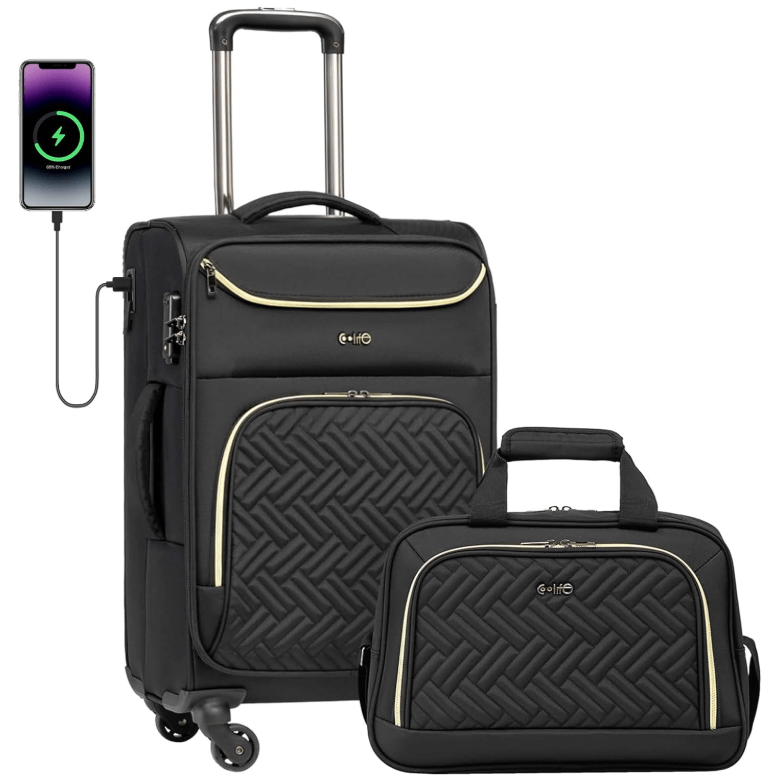 a black coolife suitcase with a charging cable attached to it