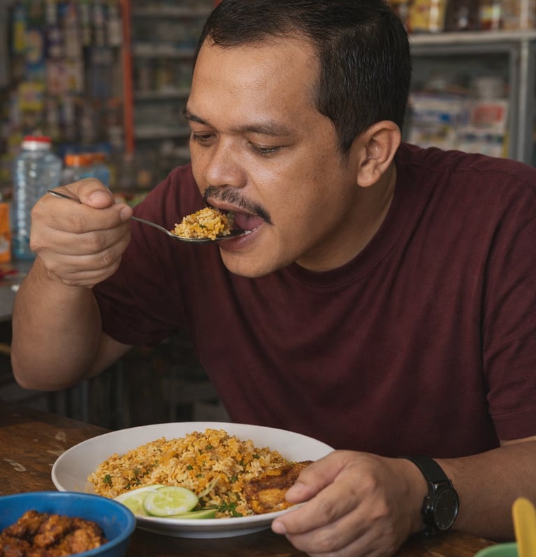 poto armando sinaga sedang makan lahap diwarung sederhana