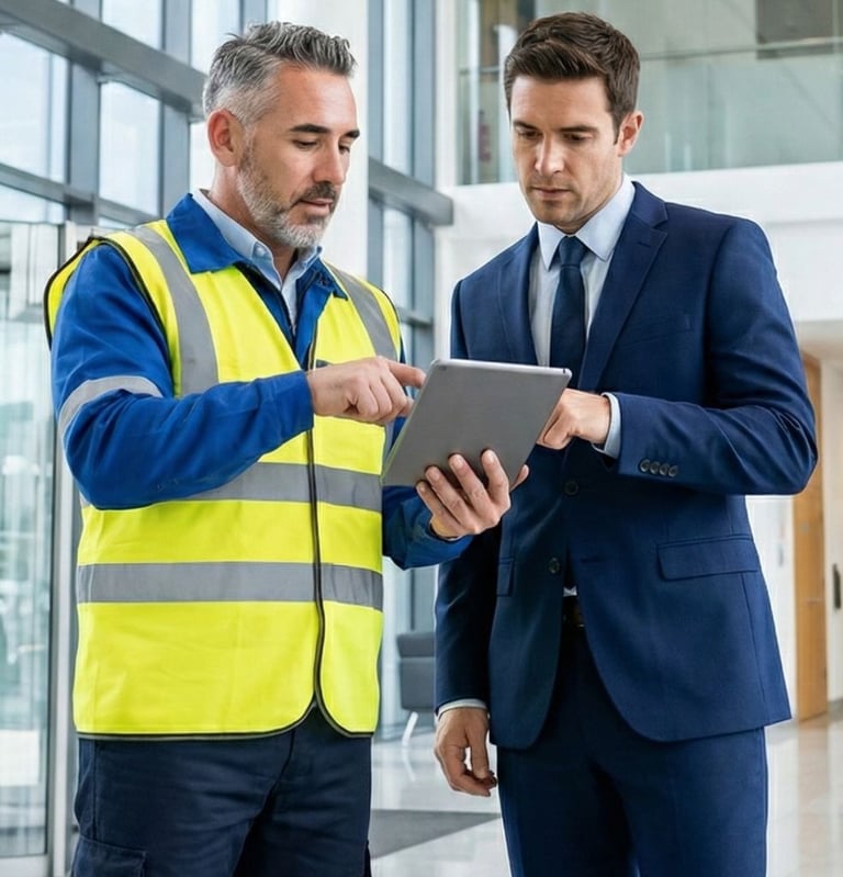 Supervisor de calidad realizando control periódico de servicios de mantenimiento y limpieza - Valkiria elite global service