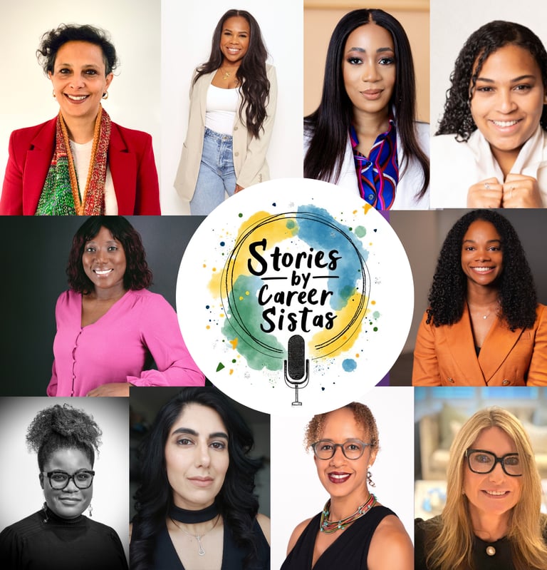 A collage with the women who appeared on the podcast, Stories by Career Sistas with the podcast logo
