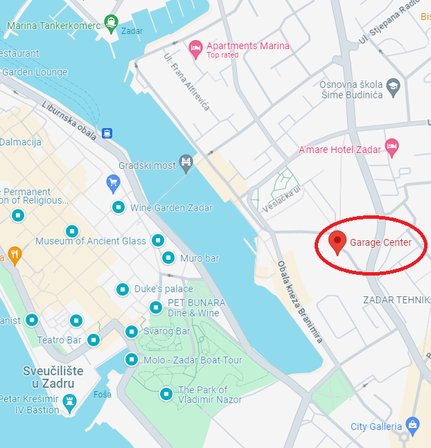 A map of Zadar, showing Garage parking