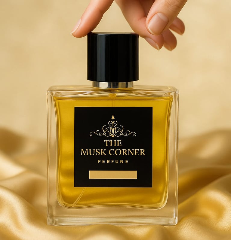 a person's hand holding a bottle of musk corner perfume