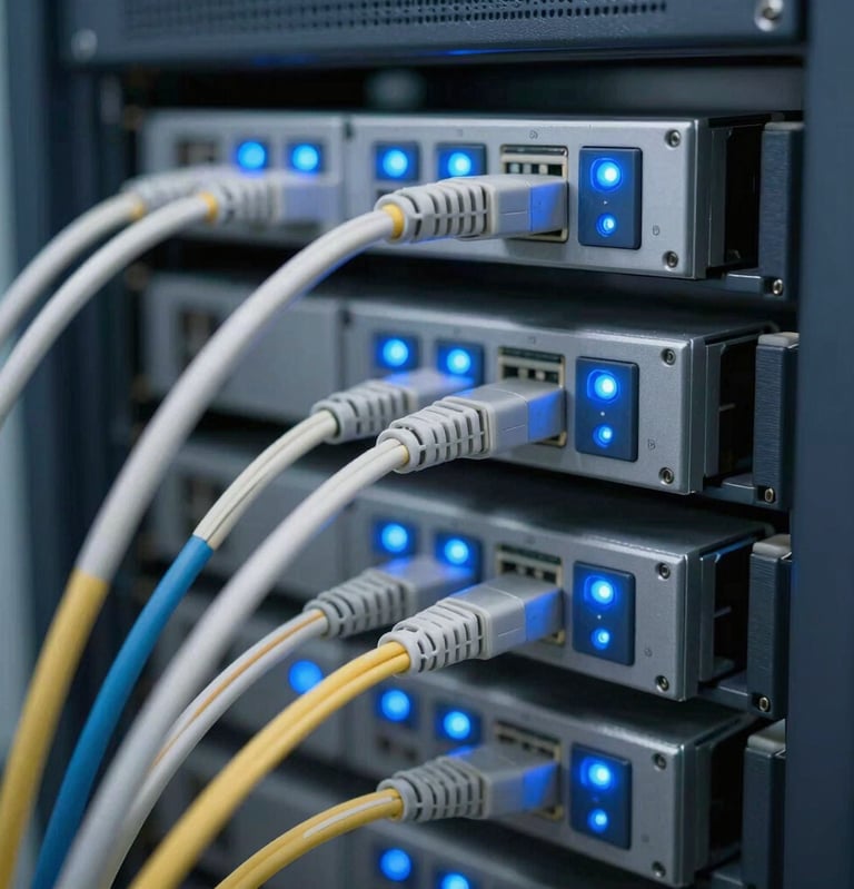 Close-up of high-tech fiber optic cables and telecom server rack infrastructure, crisp blue indicator lights, cool technical daylight, 35mm lens