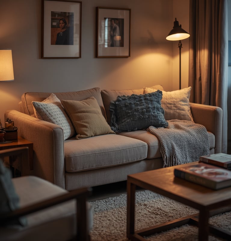 Comfortable living room nook with sofa, decorative cushions, and ambient lighting for relaxing momen