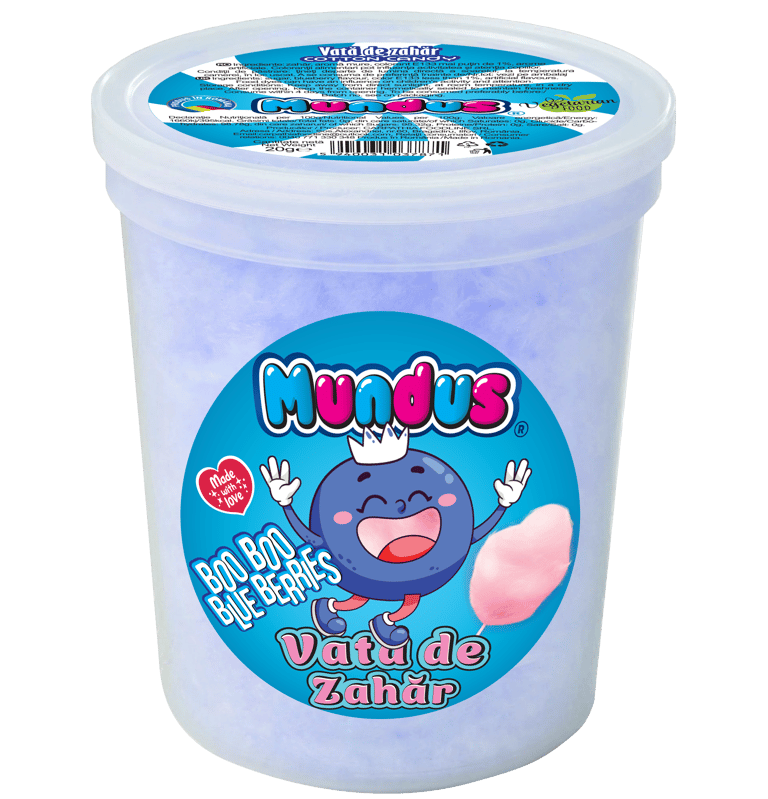 Cotton candy cu aromă de afine de la Mundus, 20g, vata de zahar ambalata la pahar