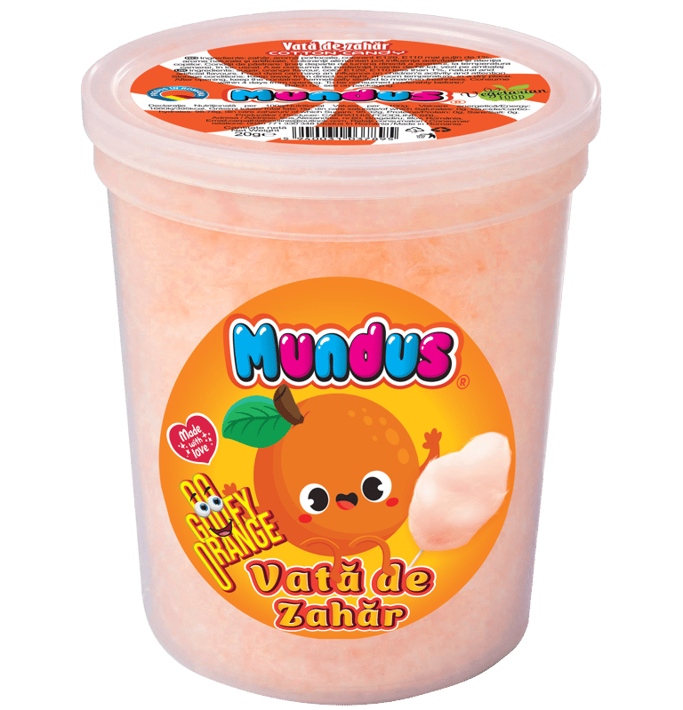 Vată de zahăr Mundus cu portocale, produs românesc, 20g, ambalat in pahare de plastic