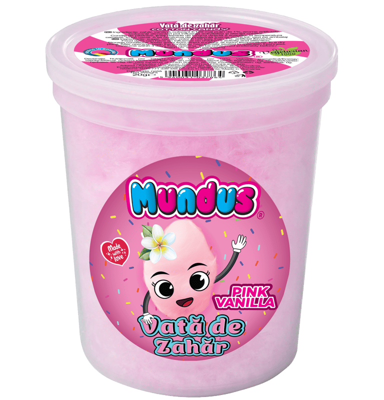 Cutie cu vată de zahăr roz cu aromă de vanilie, brand Mundus,20g, cadoul dulce perfect