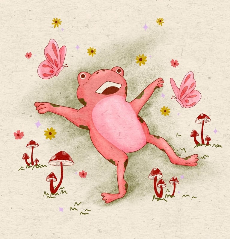 a pink frog froggy illustration drawing happy mushroom