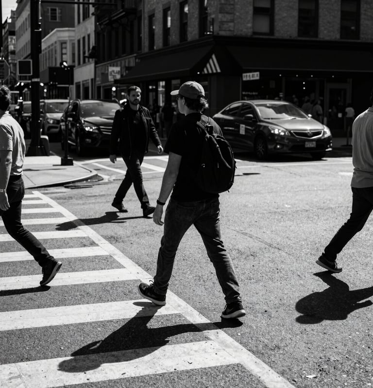 A dynamic street photography shot in a North American urban setting, captured in high-contrast black and white, showing a busy intersection with dramatic shadows and deep charcoal tones.