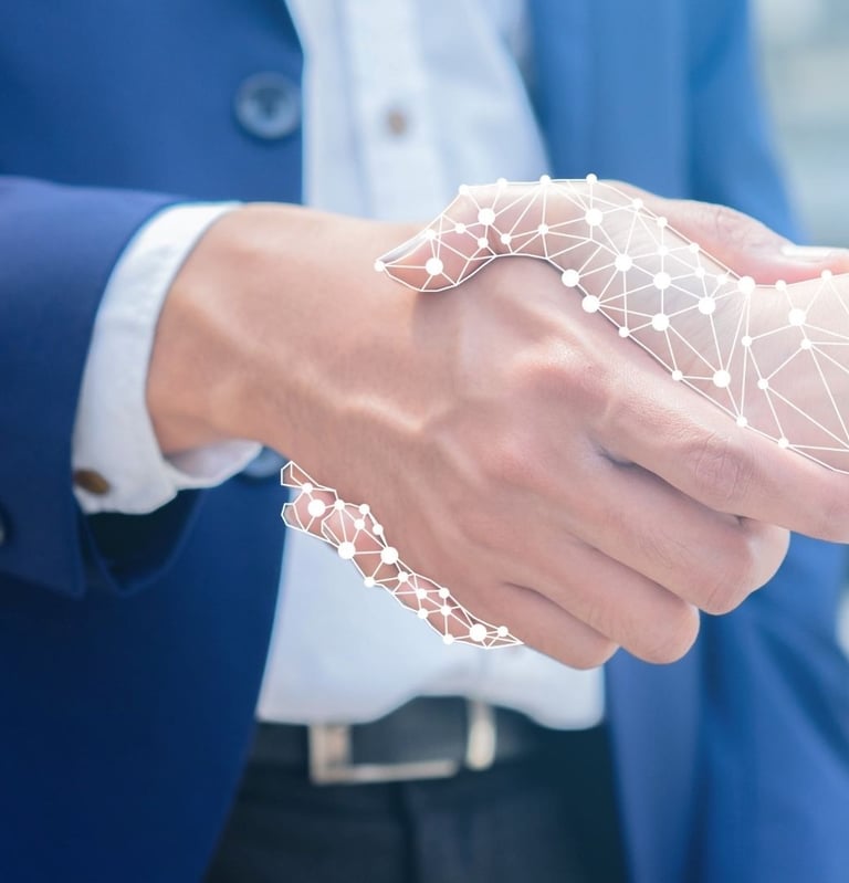 a man and woman shaking hands with a neuron connections