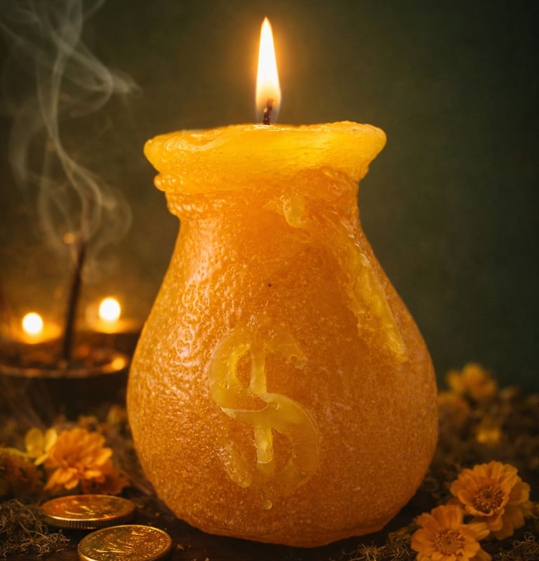 Esta vela representa el ritual de la bolsa del dinero