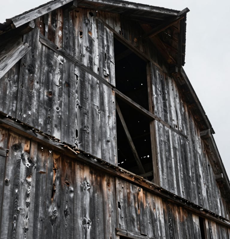 Close-up of weathered wooden textures on an old North American / US barn. The photography is sharp and detailed, emphasizing the artistic merit of decay and history. Colors include deep charcoal and soft silver-grey, lit by flat, overcast natural light.