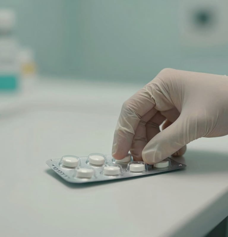 Close-up of a professional medical hand in a sterile glove gently placing a blister pack of medication on a clean, light-colored surface, soft diffused indoor light, calming teal and warm gray tones, shallow depth of field.