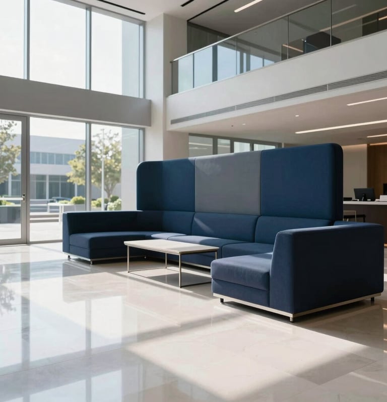 A close-up interior photograph of a sleek executive corporate lobby in a North American / US headquarters. Crisp white polished stone floors reflect natural morning light streaming through floor-to-ceiling modern glass windows. Accents of deep navy blue and slate blue line the modern minimalist seating area, creating a professional, high-trust corporate environment.