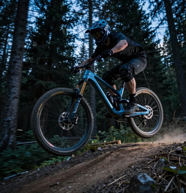 A dynamic side-profile shot of a mountain biker catching air over a jump in a North American forest during twilight. The image uses motion blur to convey speed, with a futuristic aesthetic achieved through cool steel blue lighting and deep black shadows.