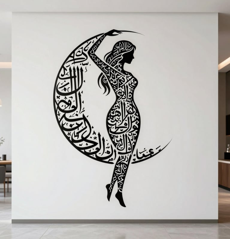 A minimalist photograph of a large-scale artwork featuring a graceful female silhouette merged with intricate Arabic script, set against a clean white wall in a contemporary Middle Eastern home.
