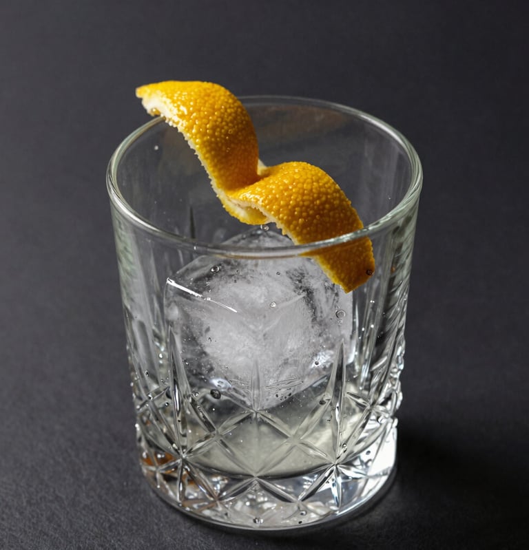 A minimal and artistic close-up photograph of a luxury cocktail detail. A single, perfectly clear artisanal ice cube with a golden citrus twist inside, resting in a vintage crystal mixing glass on a dark moody background. High-end editorial style.