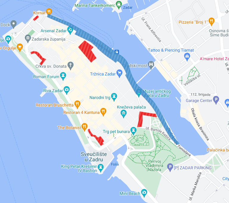 A map of Zadar, showing parking in Zone 1