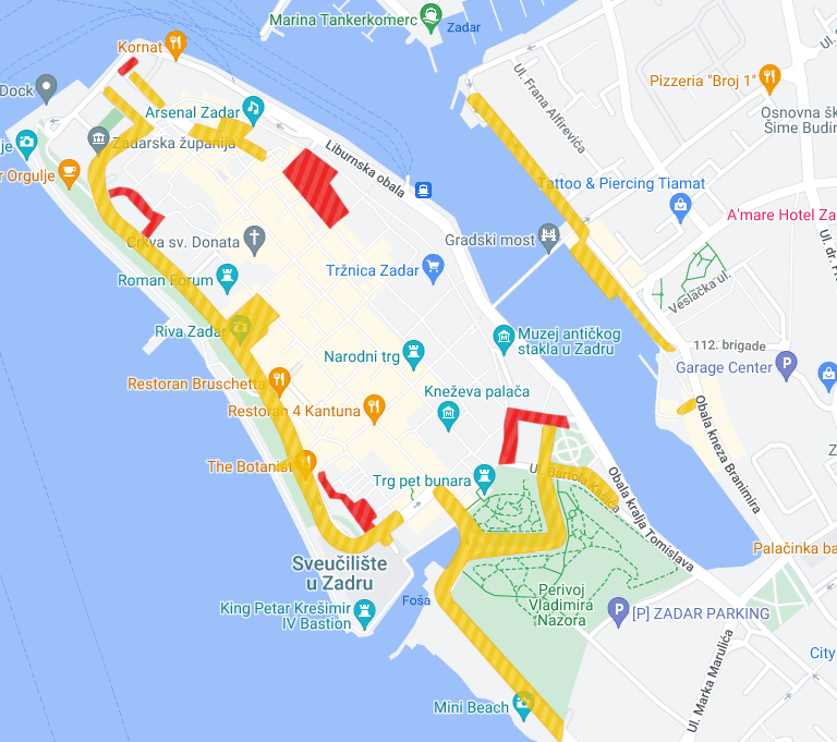 A map of Zadar, showing parking in Zone 2