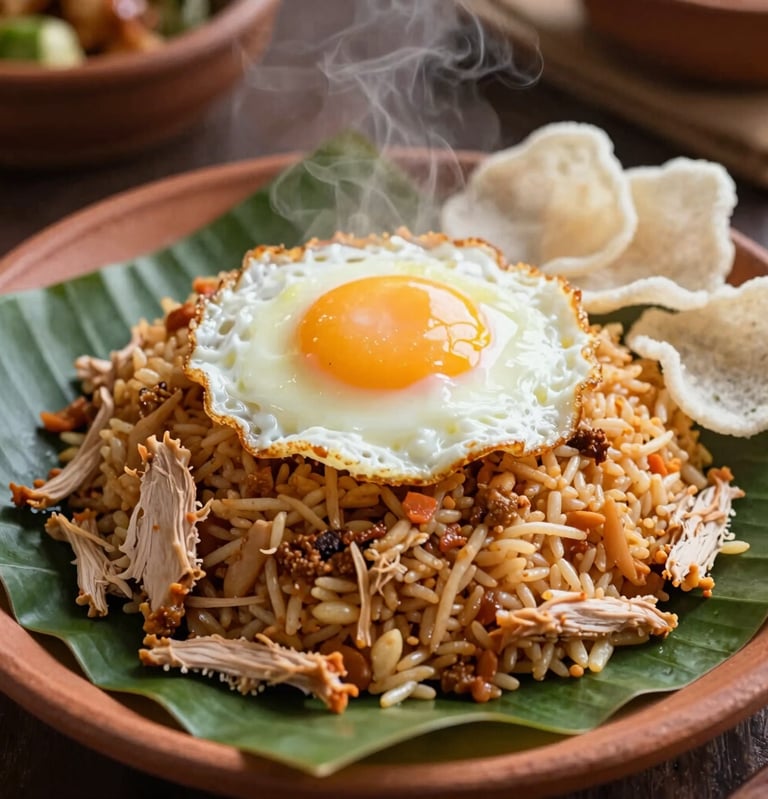 A close-up food photograph of authentic Indonesian Javanese fried rice, Nasi Goreng Jawa, served steaming hot on a clay plate lined with a fresh banana leaf, topped with a fried egg, shredded chicken, and crispy white crackers, capturing a delicious and warm culinary tradition.