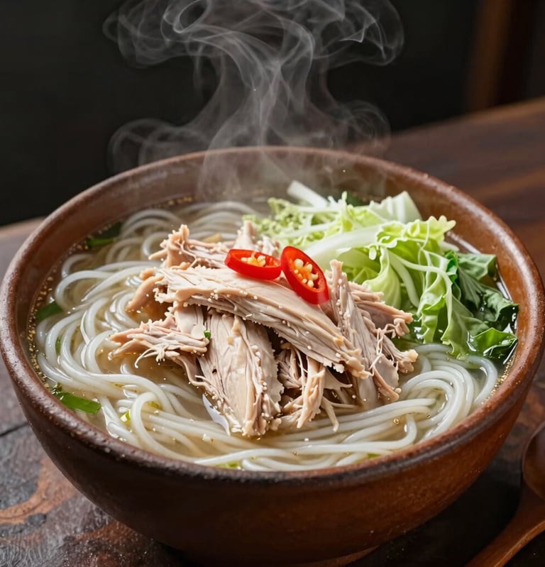 Steaming hot bowl of authentic Javanese noodle soup, Mie Godog, served in a rustic brown clay bowl with thick chicken broth, shredded chicken, cabbage, and red bird's eye chilies.