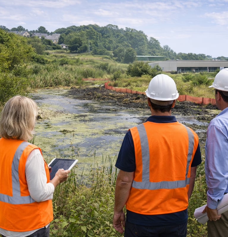 cobb county landscape with customer evaluating retention pond