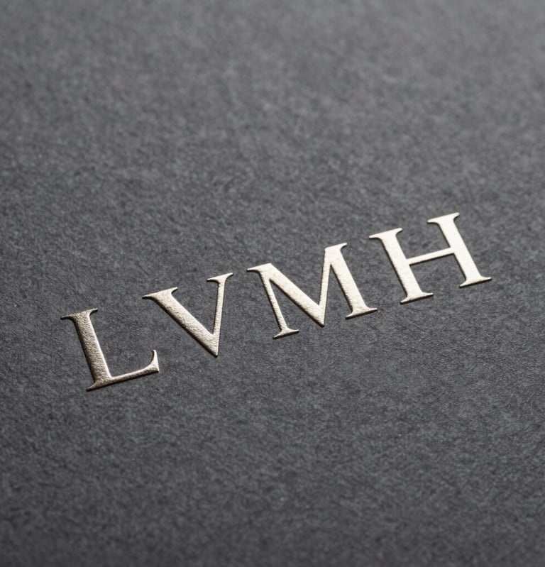 Macro shot of premium branding materials for LVMH, embossed silver logo on heavy textured dark gray paper, elegant minimalist design, soft directional lighting, Southern European style.
