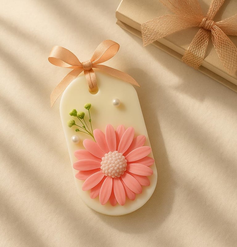 Handmade floral wax sachet with pink daisy and peach ribbon, perfect for home fragrance gifts.