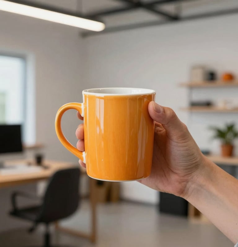 A close-up of a web creator holding a citrus orange mug in a bright contemporary North American / US creative studio space.