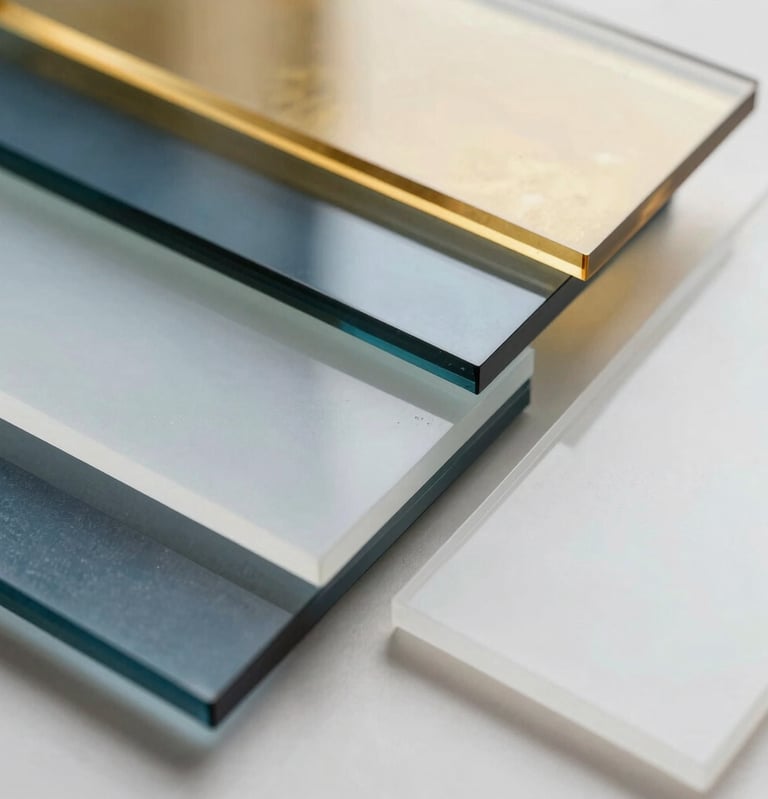 Close-up of overlapping translucent modern glass samples in gold, slate blue, and frosted white, showing the subtle interplay of light and textured transparency.