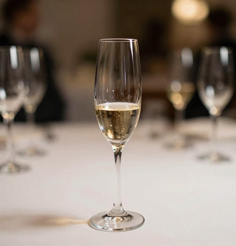 Elegant photography of a single champagne flute on a clean table, soft bokeh lights from a celebration in the background, European / Spanish evening event, minimalist and professional composition.