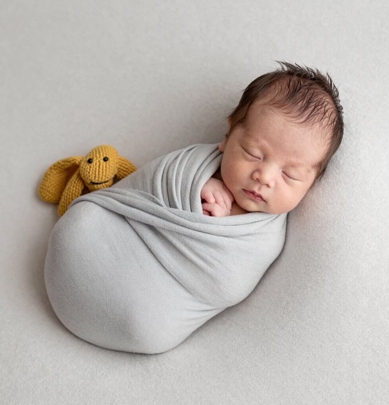 Minimalist newborn baby photography. A peaceful infant wrapped in a soft light grey blanket, resting on an off-white textured surface. Artistic, warm lighting with a subtle mustard yellow knitted accessory. Professional and inviting mood.