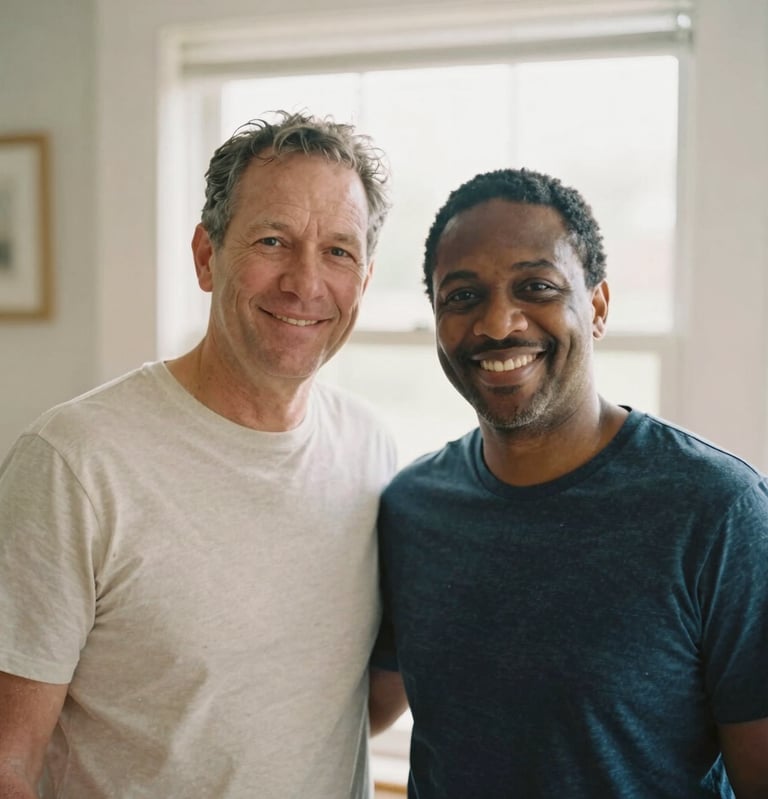 Portrait of Anthony and Crystal Obey, a warm, smiling couple, in a natural home setting with soft window light, conveying approachability and experience, candid, 35mm.