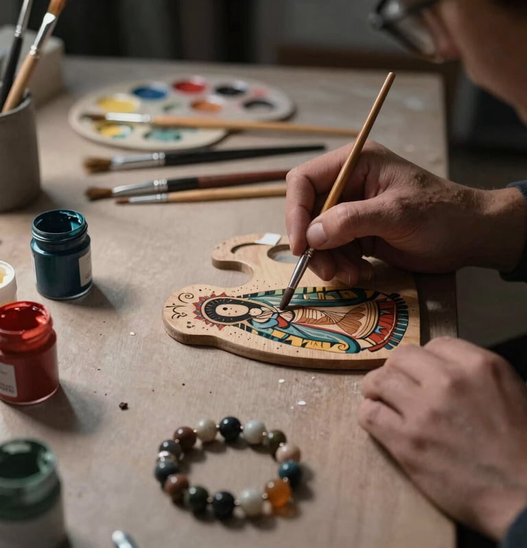 A detailed close-up photograph in an art workshop in Latin America / Chile showing an artisan workbench with delicate paintbrushes, tempera paint containers, color palettes, hand-painted wooden virgins, and handcrafted stone bracelets. Moody, elegant lighting with deep grey shadows and soft warm taupe highlights.
