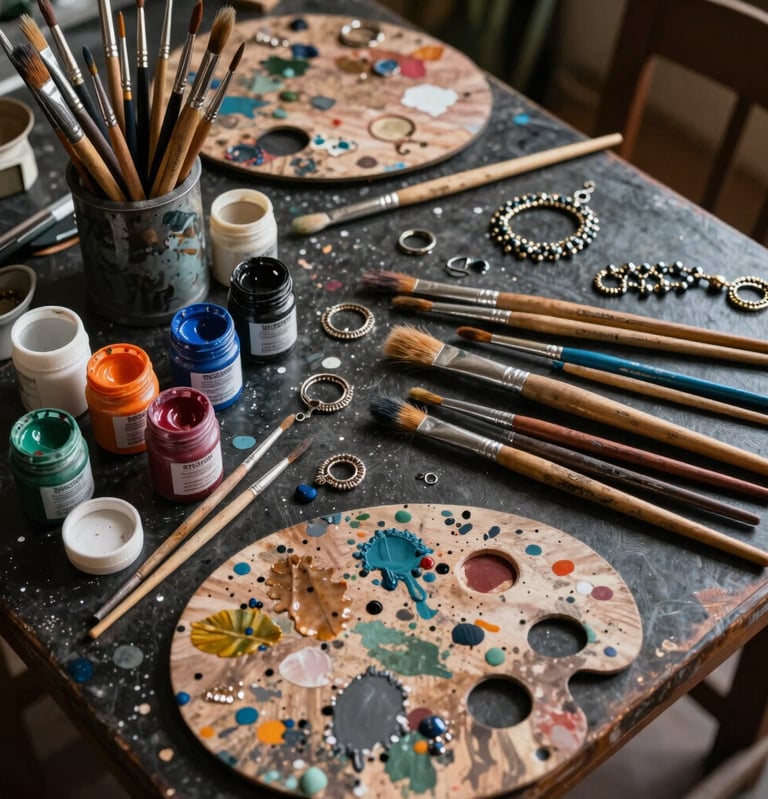 Overhead view of an artisan painter workbench in Latin America / Chile filled with paintbrushes, tempera jars, palettes, and handcrafted jewelry pieces on dark surfaces.
