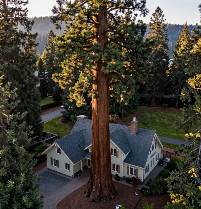 An aerial drone view capturing a majestic Giant Sequoia standing adjacent to a historic Craftsman-style home in the North American / US Pacific Northwest. The lighting is warm and serene, highlighting the sage green and dark slate tones of the landscape in Eugene, Oregon.